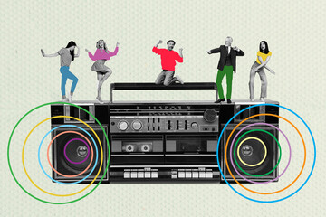 Sketch image trend artwork photo collage of retro nightclub listen play music friends huge boombox...