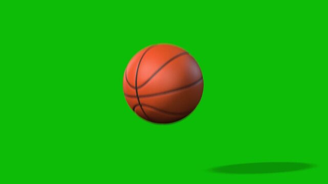 Basketball falling and bouncing on green screen 3D animation, closer view.