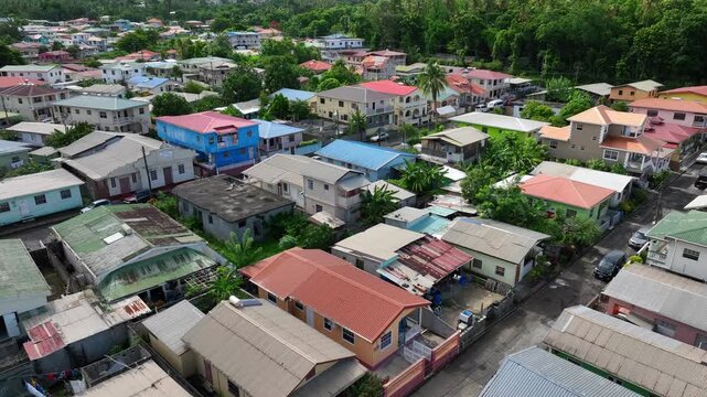 Colorful residential neighborhood in the Caribbean. Diverse houses with vibrant tin roofs. Aerial view of a close-knit community surrounded by greenery.