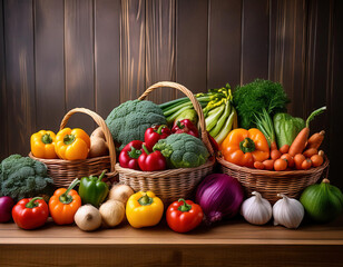 Composition with variety of raw organic vegetables on wooden table in wicker baskets. Balanced diet