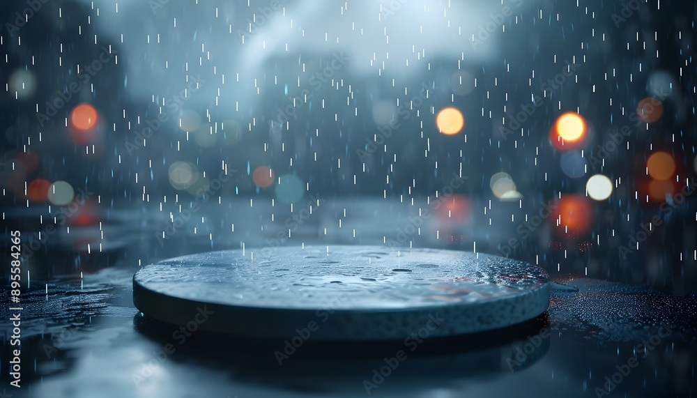 Poster an empty circular podium with rain falling on dark background