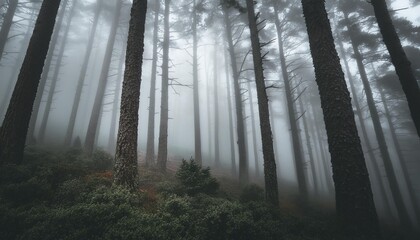 Naklejka premium A Mystical Landscape of a Misty Forest with Large Trees