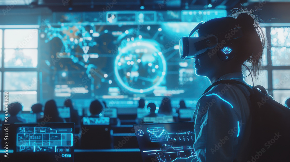 Poster vr-equipped student interacting with ai and machine learning applications in the classroom, futurist
