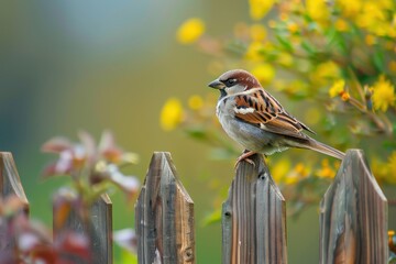 A charming house sparrow perched on a wooden fence, with a rustic countryside background.