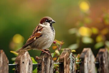 A charming house sparrow perched on a wooden fence, with a rustic countryside background.