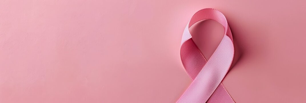 Pink ribbon for breast cancer awareness. Mammography Day. Horizontal banner. Pink ribbon on a pink background. Free space for text Breast cancer prevention screening Hardware examination of the breast