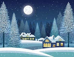 Fototapeta premium Winter landscape with houses in the forest and full moon. Christmas, greeting card. Vector illustration.