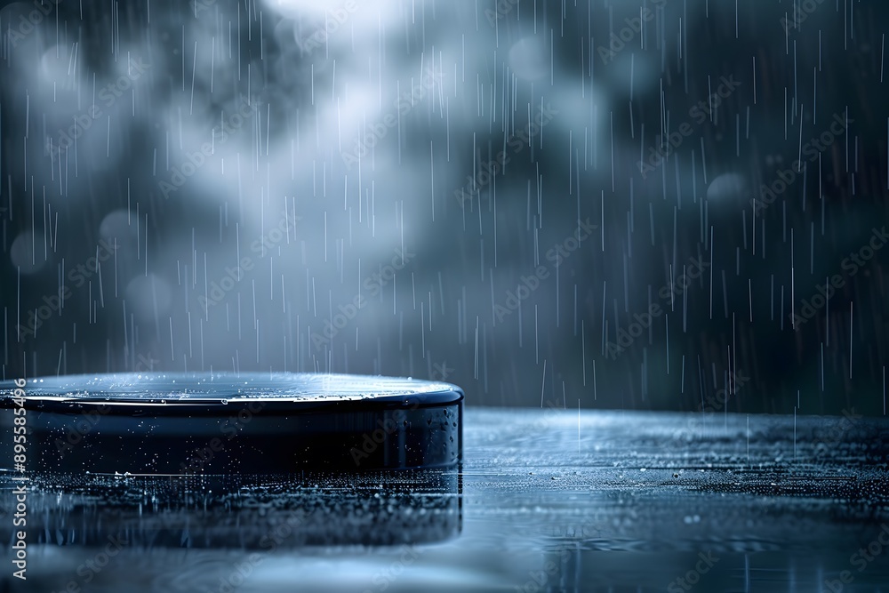 Poster an empty circular podium with rain falling on dark background