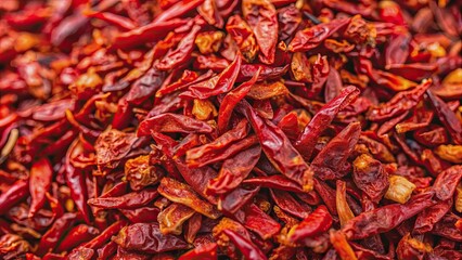 Fototapeta premium Vibrant red chili flakes with detailed texture, spicy, seasoning, ingredient, fiery, flakes, crushed, cooking, background, close-up