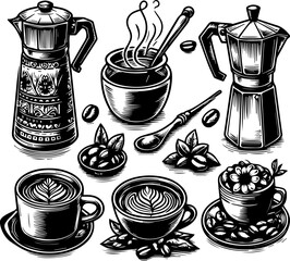 set of cups, coffee pot and other items for a coffee shop