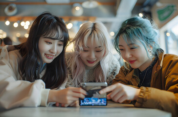 Fototapeta premium three people with a cell phone taking a photo or looking at things that make them funny