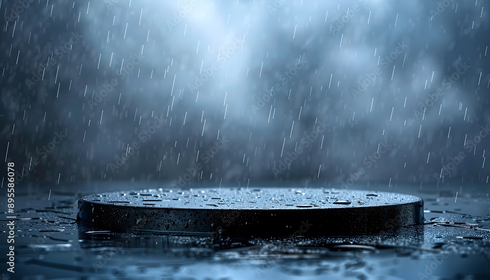 Poster an empty circular podium with rain falling on dark background