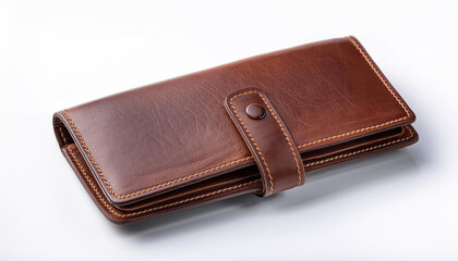 A classic leather wallet, isolated on a white background, showcasing its craftsmanship and functional elegance.