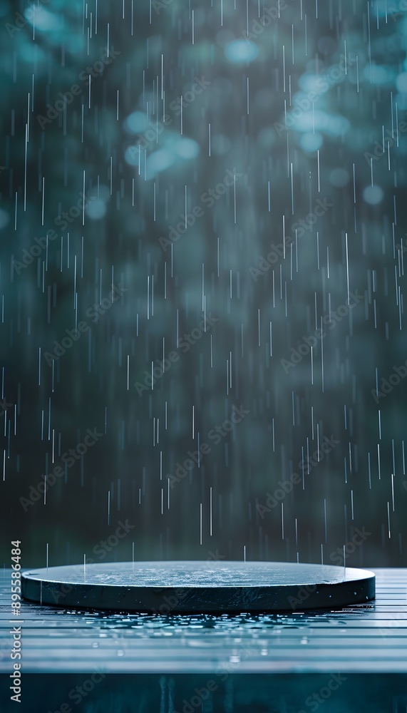 Poster an empty circular podium with rain falling on dark background