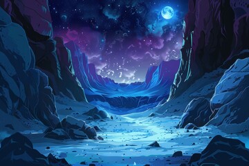 Mystical moonlit canyon landscape with vibrant rocks and starry sky