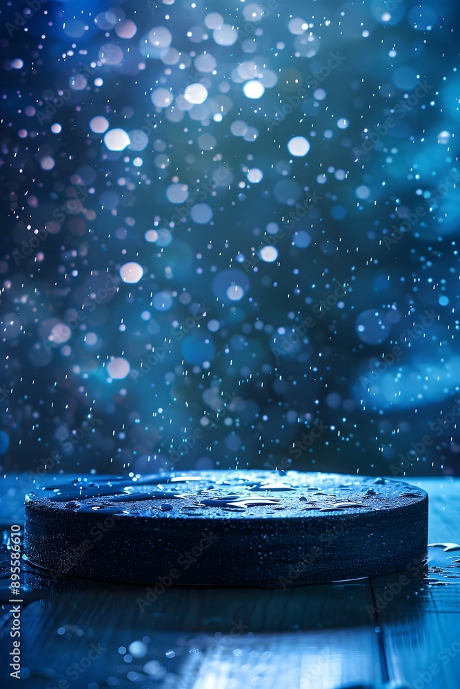 Poster an empty circular podium with rain falling on dark background