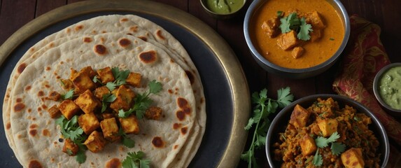 Kerala style homemade wheat flatbread with layers served with Paneer curry seen from above.