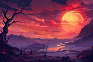 Surreal landscape with a large red moon and a lonely tree