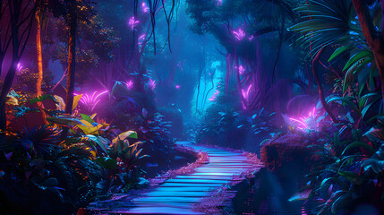 Obraz premium Magic forest with blue and purple neon colors and glowing. Mysterious pathway in the jungle.