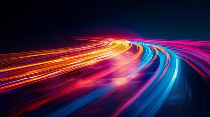 A dynamic longexposure photograph capturing a vivid array of colorful light trails against a dark backdrop This energetic image