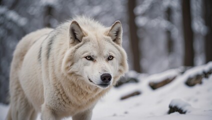Obraz premium Majestic white wolf gracefully exploring the serene beauty of the snow covered wilderness.
