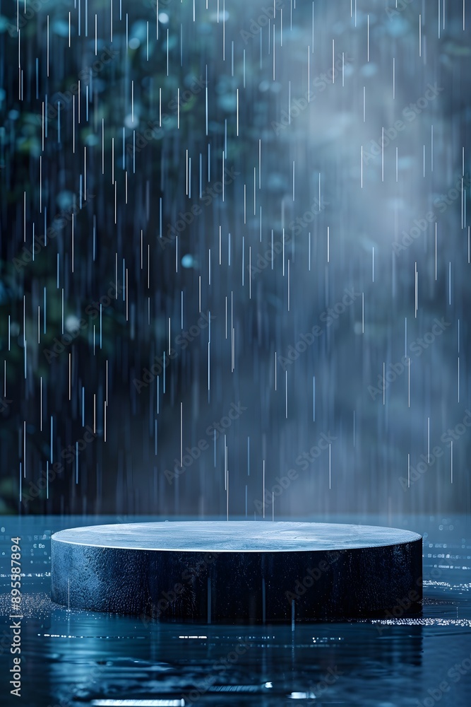 Aufkleber an empty circular podium with rain falling on dark background