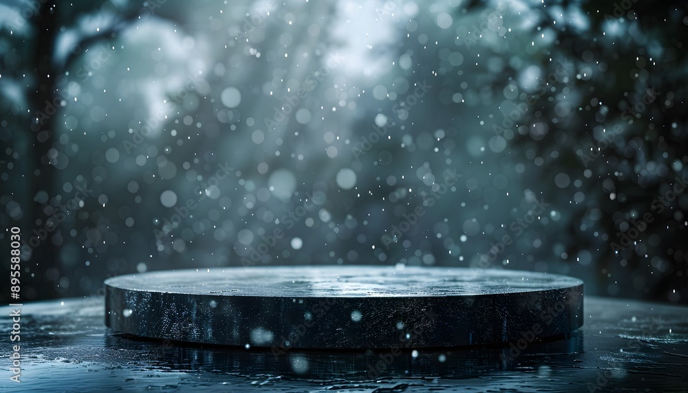 Poster an empty circular podium with rain falling on dark background