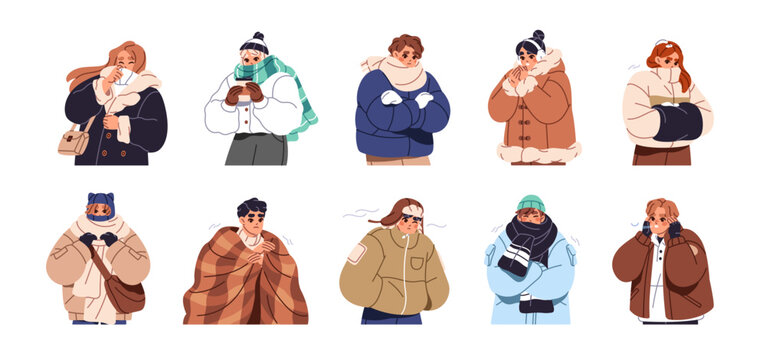 People in winter outerwear freeze set. Different men and women in coats, hats, gloves shiver from cold weather. Characters in warm clothes shake. Flat isolated vector illustrations on white background