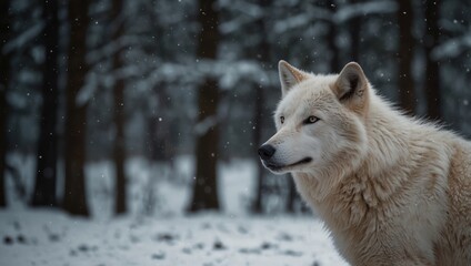 Obraz premium Majestic white wolf gracefully navigating through serene snowy wilderness landscape.