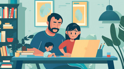A father and his child working on homework together using a laptop at a cozy home desk.