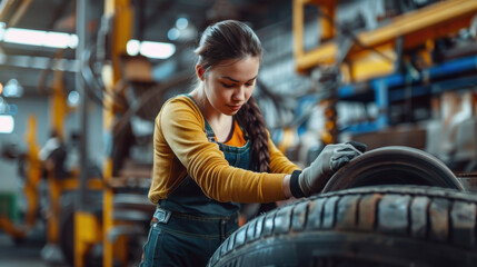 A female mechanic changing a tire in a well-equipped auto shop.
