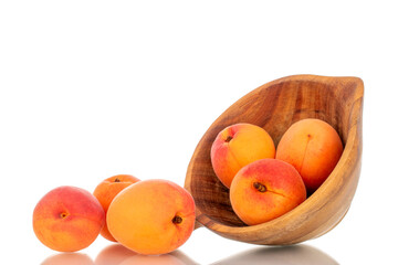 Several ripe apricots with wooden cup, macro, isolated on white background.