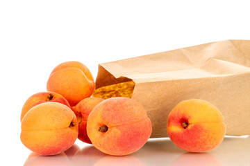 Several ripe apricots with paper bag, macro, isolated on white background.
