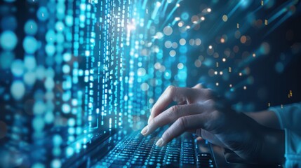 Person typing code with matrix-like background, Hacking, digital intrusion and cyber threat