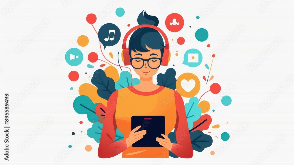 Poster person using a smartphone for language lessons, app offering personalized and interactive content, l