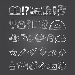 set of hand-drawn chalk drawings back to school element collection