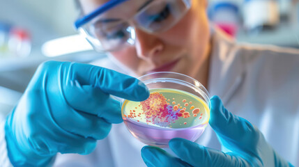 Scientist examining petri dish with colorful cultures, food biotech, innovative food research