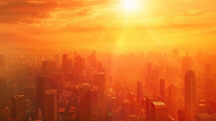 A photo of a city skyline at sunset. The sky is a bright orange color. The sun is setting behind the buildings. The city is covered in a haze.