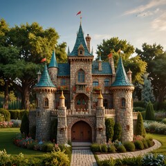 Design a whimsical fairy tale castle with tall spires, colorful banners, and lush gardens. The castle should look inviting and enchanting, with lots of intricate details.