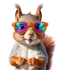Adorable squirrel with colorful glasses, white background.
