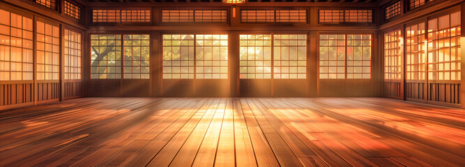 An illustration of an old Japanese dojo with wooden floors and high ceilings, in the anime style, with simple details, blurred edges, in the vector art style, flat design, a digital painting