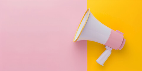 A pink and yellow megaphone on a two-toned background, representing communication, marketing, or announcements with a playful and modern look