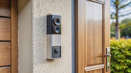 A doorbell with built-in surveillance camera mounted on a house wall near the front door, security, system