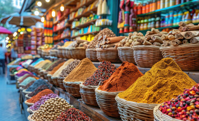 Fototapeta premium Large selection of various spices at the spice market in Turkey, India, Georgia, East and Asia