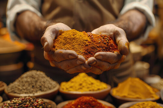 Large selection of various spices at the spice market in Turkey, India, Georgia, East and Asia.Seller's hands hold spices against a background of all kinds of spices
