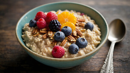 a bowl of oatmeal with colorful fruits and nuts