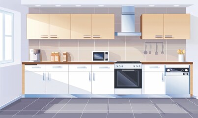 Sleek Modern White Kitchen Interior: Bright and Minimalist Design with Wooden Accents and Luxurious Countertops. Clean Lines and Open Space Showcase Contemporary Home Decor in a Light-Filled Apartment