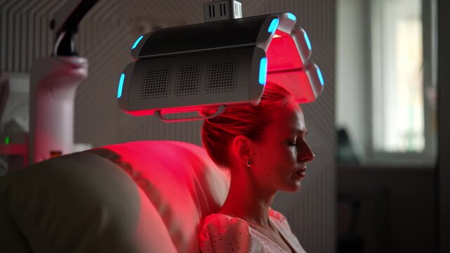 Beautiful blonde female with closed eyes having LED red light hair photodynamic therapy during hair treatment at medical clinic with dark interior. Young woman client having non-invasive type of PTD.
