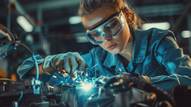 A female mechanic wearing safety goggles and gloves, welding a car part. - Powered by Adobe