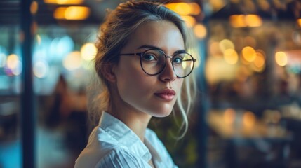 A contemplative young woman in eyeglasses with a soft, illuminated cafe backdrop